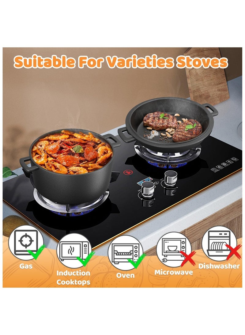 اكسيسن قدر من الحديد الزهر مع غطاء مقلاة ومقلاة وسلال تخمير العجين المخمر، مجموعة أواني طهي من الحديد الزهر مع مقبضين، للاستخدام الداخلي والخارجي، مجموعة 2 في 1 للخبز والقلي والخبز والشواء - Image 3